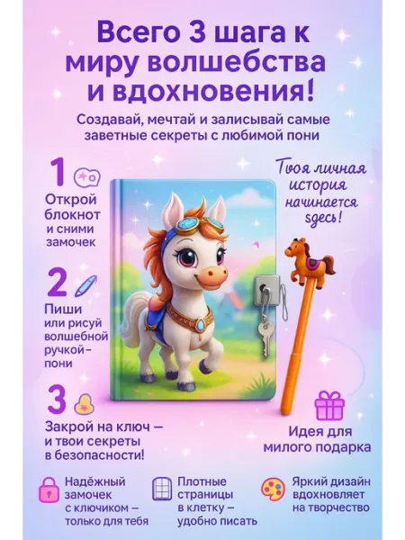 IWBMHL Красивый блокнот для девочки с замочком Пони