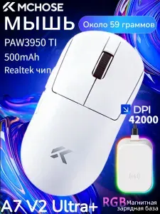 MCHOSE Игровая мышь беспроводная MCHOSE A7 V2 Ultra +,PAW3950 TI,42000 DPI,500mAh,Трехрежимное подключение, легкая мышь, черно-серый