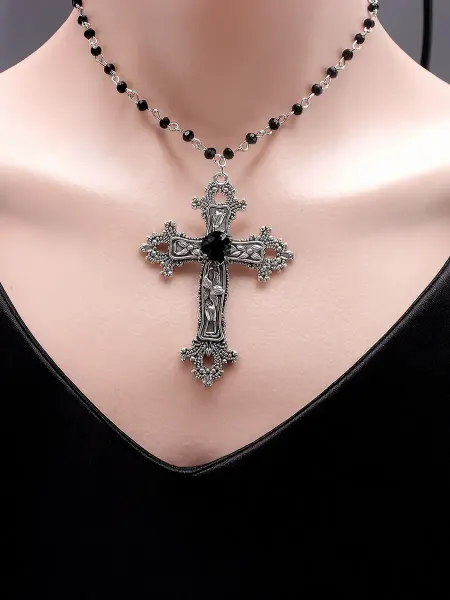 LAWE Кулон на шею крест из бусин с камнем винтаж Cross 43 см