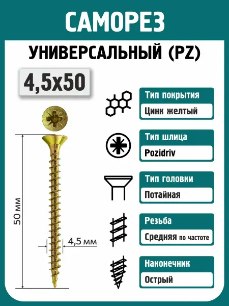 Rizzel Саморезы по дереву 4,5х50 (250 шт) универсальные желтые