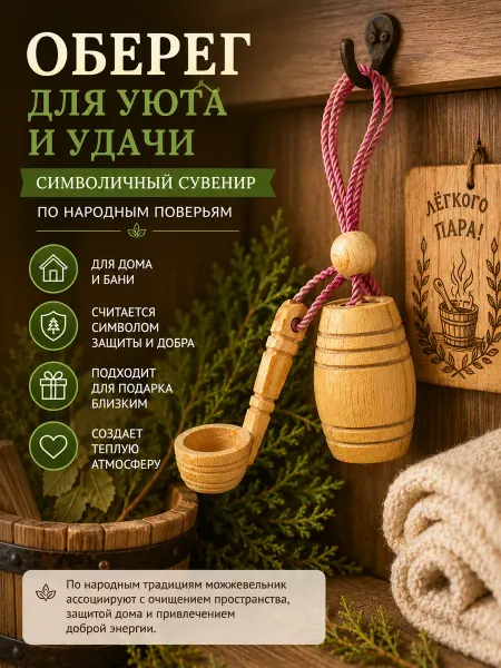 Веллери Деревянная подвеска оберег в баню - бочка с черпаком