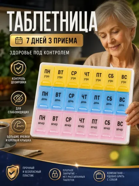 Таблетница 3 приема на неделю 21 ячейка
