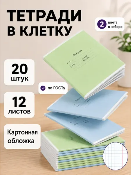 Бумажная фабрика "Гознак" Тетрадь в клетку картонная обложка 12 листов 20 штук