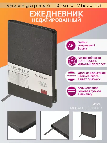 BRUNO VISCONTI Ежедневник недатированный А5 "MEGAPOLIS COLOR" серый