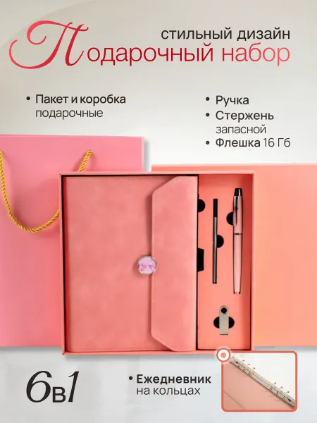 PAGEONE Подарочный набор ежедневник на кольцах ручка флешка
