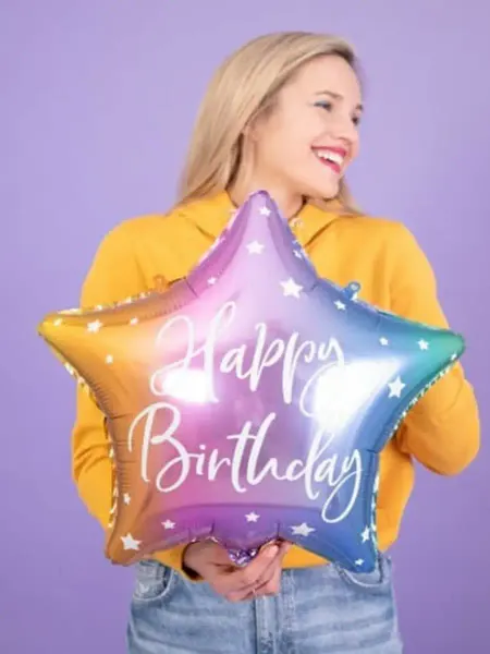 PartyDeco Воздушный шар звезда, С Днем рождения, радуга, 46 см