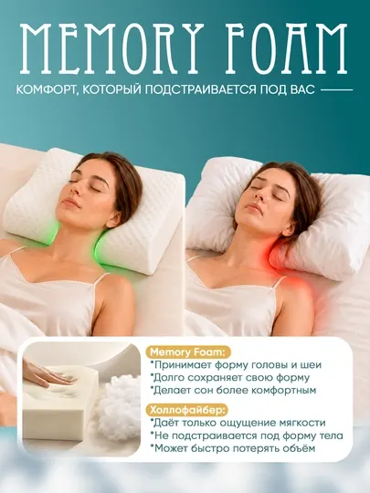 Ортопедическая подушка Memory Foam, 65x40 см, анатомическая, для сна
