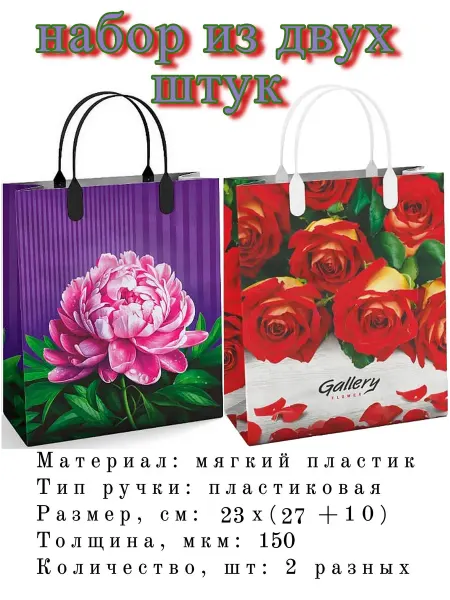 ИНТЕРПАК Пакеты-сумки мягкий пластик с пластиковыми ручками 23х27см