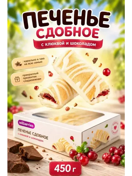 УХ ВКУСНО Печенье сдобное с клюквой в шоколаде, рулетики 450 г