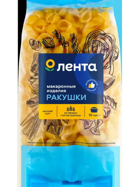 Макароны ЛЕНТА Ракушки группа А, высший сорт, 450г