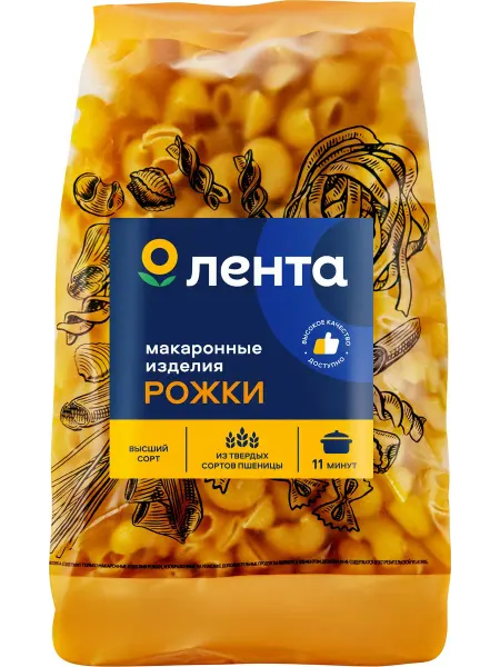 Макароны ЛЕНТА Рожки группа А, высший сорт, 450г