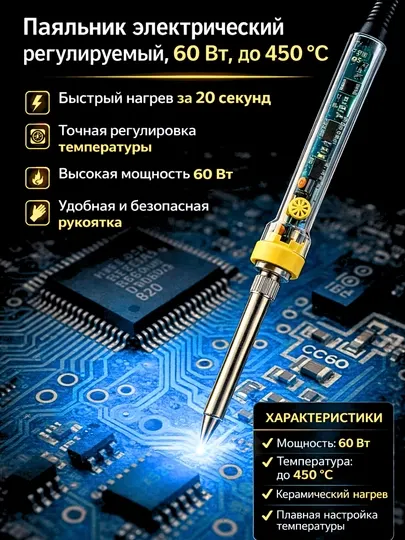 Паяльник электрический регулируемый, 60 Вт, до 450 °C