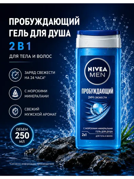 NIVEA Гель для душа мужской Пробуждающий для тела и волос 250 мл