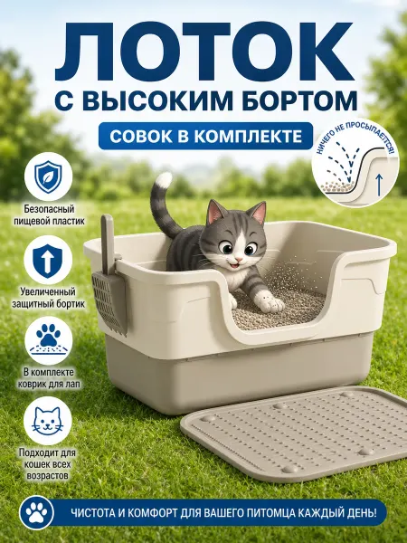 Лоток для кошек 45х30 высокий борт глубокий с ковриком