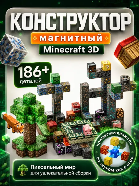 Майнкрафт Магнитный конструктор Minecraft 3D, 186 деталей
