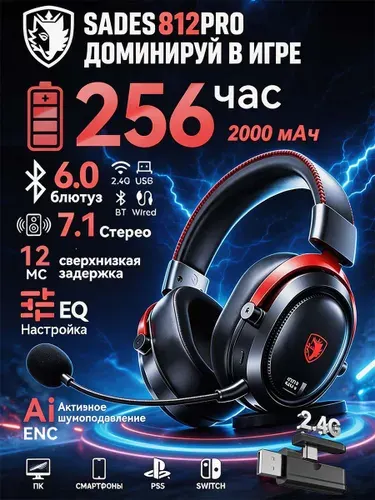 Игровые наушники большие беспроводные SADES812Pro черные с микрофоном, три режима подключения 2,4G+Bluetooth6,0+Type C, объемный звук 7,1, низкая задержка 12мс для ПК, ноутбуков, PS5, Switch