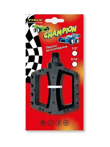 Педали детские TRIX Champion пластиковые, 100x80мм, резьба 916, с шипами, черные