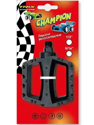 Педали детские Trix Champion, пластиковые, 100х80мм, резьба 9/16, с шипами, черные PD-TX-824-9x16-Champion