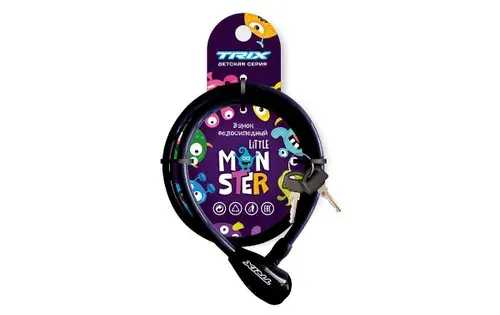 Велозамок TRIX Little Monster детский, трос стальной, с ключами 12х800мм, черный