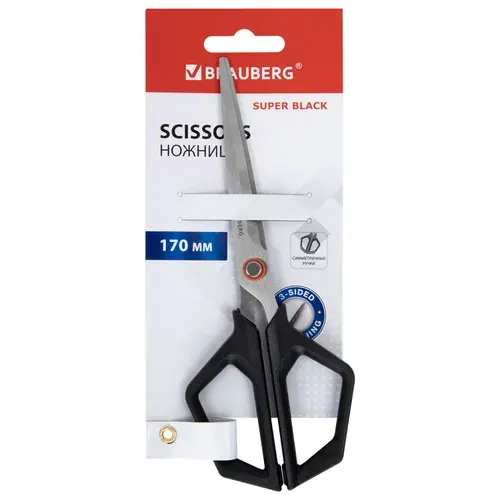 Ножницы BRAUBERG "Super black" 170 мм, черные, 3-сторонняя заточка, ручки из ABS-пластика, 238854 для офиса и работы