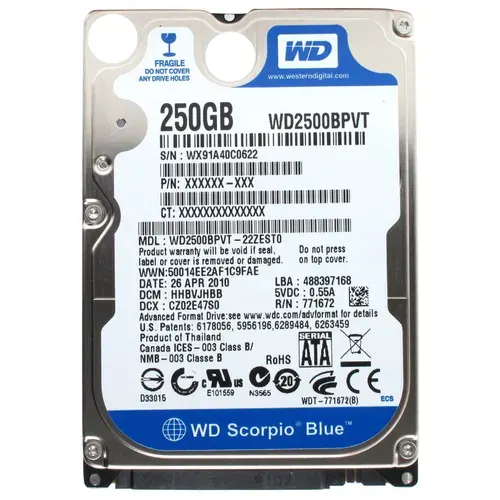 Western Digital 250 ГБ Внутренний жесткий диск Blue, 2.5", 5400 об/мин, SATA (WD2500BPVT-22JJ5T0)
