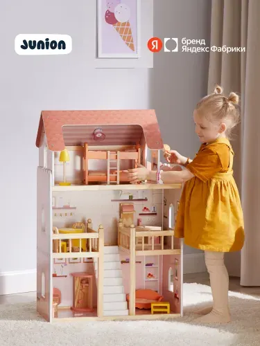 Деревянный кукольный домик Junion Вилла Руж, 60x30x90 см, 5 комнат, мебель в комплекте, свет, Яндекс Фабрика