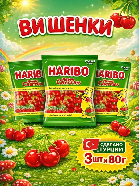 Haribo Харибо Happy Cherries мармелад вишня, 80 г x 3 шт