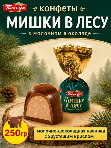 Победа Вкуса Шоколадные конфеты Мишки в лесу с вафельной крошкой, 250 гр