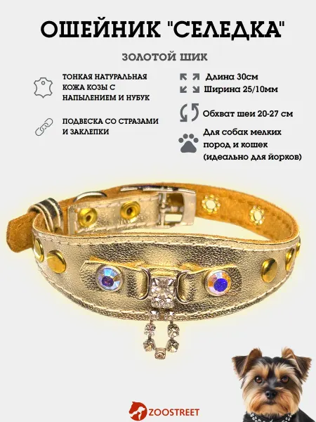ZOOSTREET Ошейник селедка для мелких собак и кошек золотой с подвеской