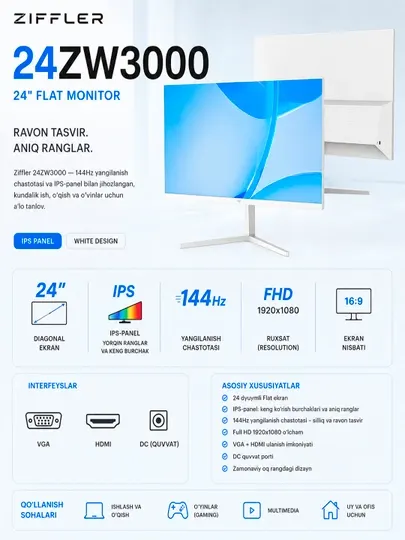 Монитор Ziffler 24ZW3000 24" дюймов Full HD 144Hz Flat monitor для игр офис, учеба, работа