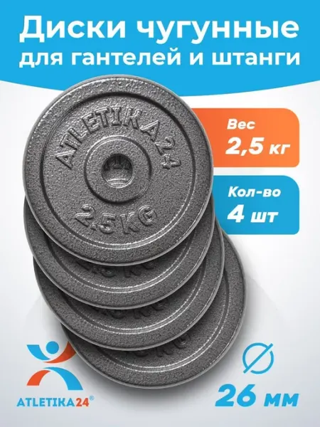 Atletika24 Блины для гантели и штанги чугунные 2,5 кг, 2 штуки