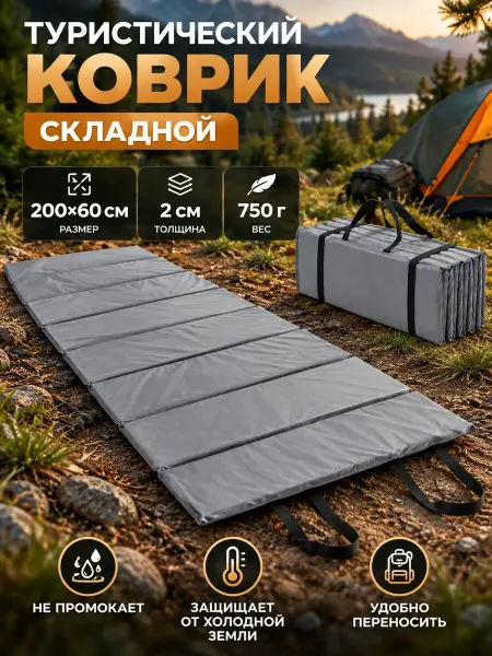 MOONLAX Коврик туристический складной 200х60х2 см, серый