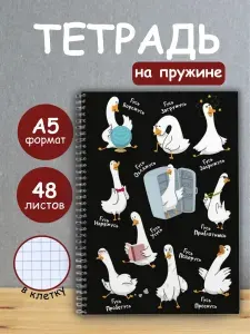 Тетрадь 48 листов в клетку на кольцах, блокнот А5 на пружине Смешные Гуси