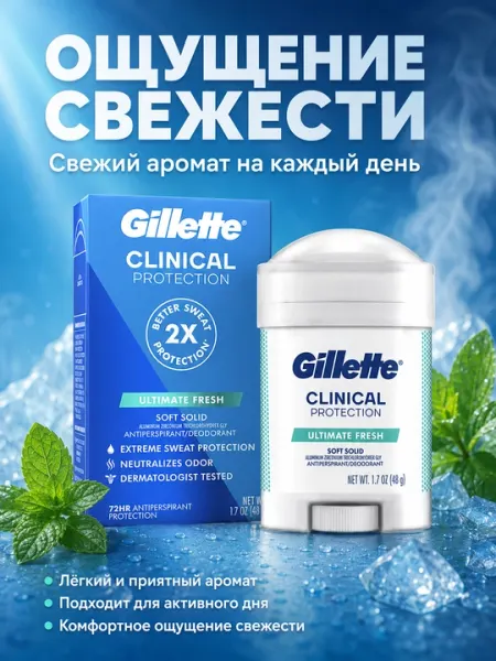 Антиперспирант-дезодорант Gillette Clinical Protection Ultimate Fresh Soft Solid, 48 г