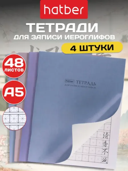 Hatber Тетрадь для записи иероглифов 48 листов 4 штуки А5