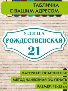 Адресная табличка на дом "Домовой знак" бело-голубая, 480х250 мм., из пластика, УФ печать не выгорает