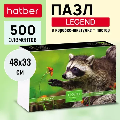 Пазлы Hatber Premium 500 элементов 480х330мм LEGEND ZooStyle-Любопытный енот- в подарочн. коробочке + Постер