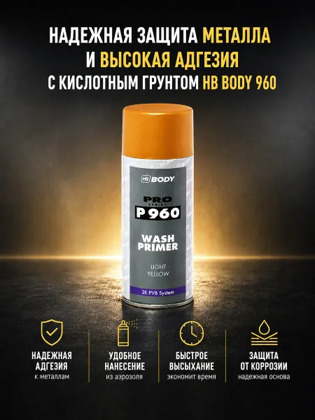 HB BODY Грунт кислотный автомобильный Body 960 Wash Primer 400 мл