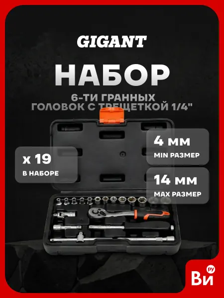 GIGANT Набор 6-ти гранных головок с трещоткой 1 4" 19 пр