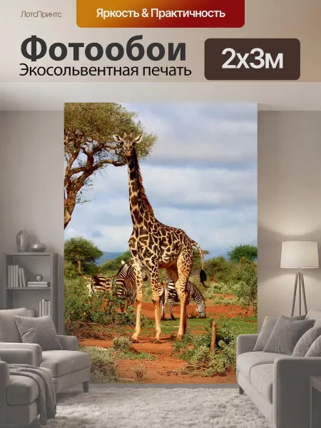 LotsPrints Фотообои "Жирафа, африке, зебра" 2x3м