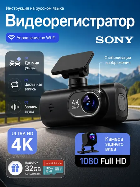Видеорегистратор Appix 4K, для авто, с Wi-Fi, с задней камерой, чёрный