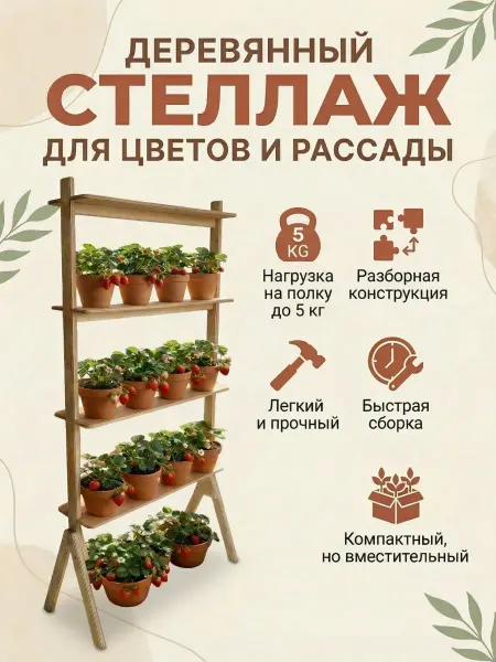 РИГГО Стеллаж-подставка для цветов и рассады деревянный