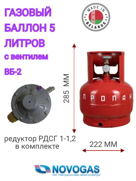 Novogas Газовый баллон 5 литров (пустой) с редуктором РДСГ 1-1,2