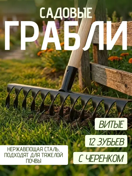Грабли садовые металлические витые 12 зубьев с черенком