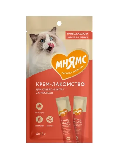 МНЯМС Крем-лакомство для кошек и котят с тунцом Кацуо и морским гребешком 4x15gr