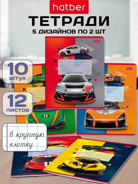 Hatber Тетрадь 12 листов крупная клетка 5 дизайнов 10 штук