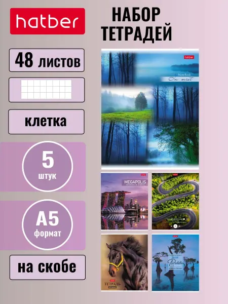 Hatber Тетрадь 48 листов клетка 5 дизайнов 5 штук Ассорти