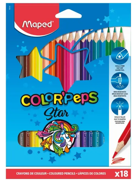 MAPED Карандаши цветные 18 цв, корпус из дерева, серия Star