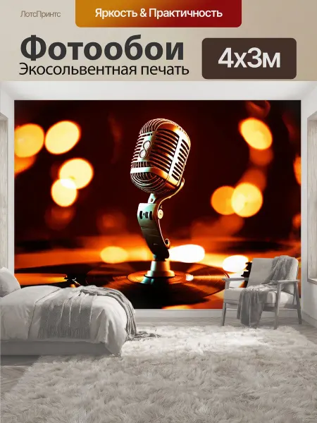 LotsPrints Фотообои "Ретро-микрофон в окружении виниловых." 4x3м