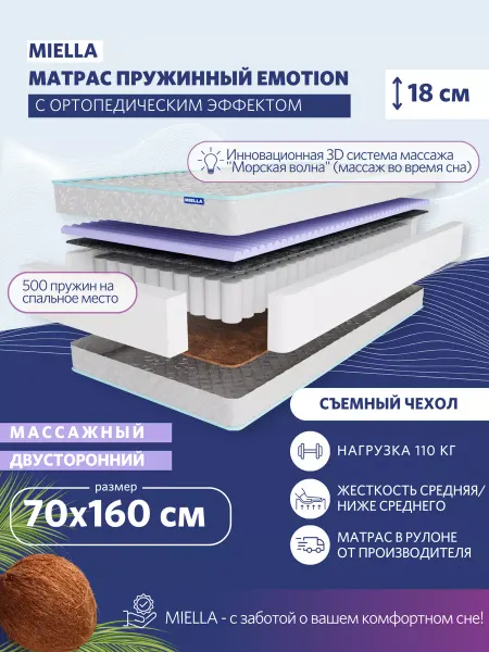 MIELLA Матрас 160x70 для кровати ортопедический Emotion